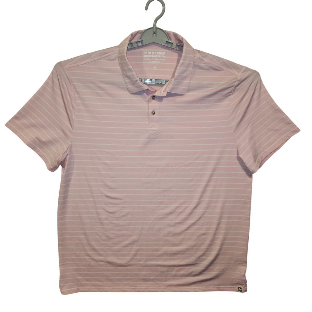 Fair Harbor Mens 2XL Pink White Striped Short Sleeve Recycled Stretch Polo Shirt